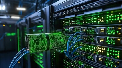 Green illuminated server rack network cables connected data center showcasing advanced technology digital circuits and futuristic data storage device - Powered by Adobe