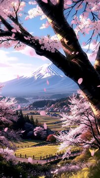 Majestic Cherry Blossom Tree with Pink Flowers in Anime Style Rolling Hills Quaint Village Distant Mountain and Serene Sky