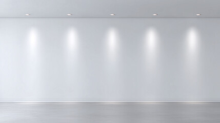 Empty white wall with soft vignette lighting from ceiling spotlights creating calm and clean atmosphere in modern interior space