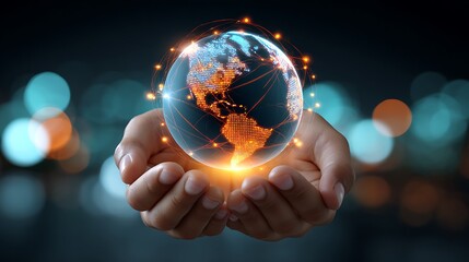 Hands holding a glowing digital globe with interconnected network lines