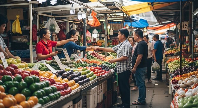 People shopping at a vibrant outdoor market stall filled with fresh produce, including fruits and vegetables, under a colorful awning.