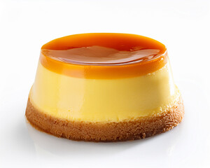Piece of cake on a white background, an isolated sweet cream dessert in a yellow bowl