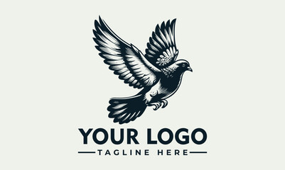 A detailed illustration of a dove in flight, wings spread, with space for a logo and tagline.