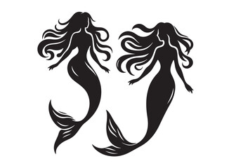 mermaid logo silhouette vector, simple black silhouette mermaids, mermaid watercolor vector silhouette illustration, beautiful mermaid logo silhouettes vector on a white background