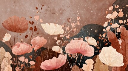 Stylized floral illustration featuring pastel poppies and wildflowers in warm earthy tones with abstract background elements
