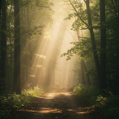 Fototapeta premium A serene forest pathway illuminated by dramatic sun rays filtering through dense trees, creating an ethereal and peaceful natural scene. 