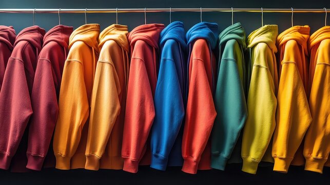 Vibrant Display of Hoodies in Various Colors Representing Fashion Retail Apparel Branding and Clothing Customization for E-commerce Online Stores and Trendy Clothing Collections