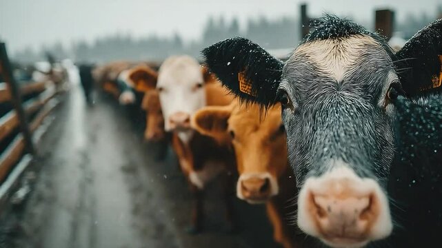 Cattle Herd Under Rain: An evocative image showcases a herd of cattle standing outdoors, their coats glistening with rain, under an overcast sky. capturing the essence of rural life.