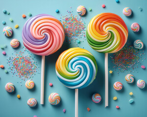Colorful swirl lollipops on a black background, a sweet, fun, and isolated treat on a stick