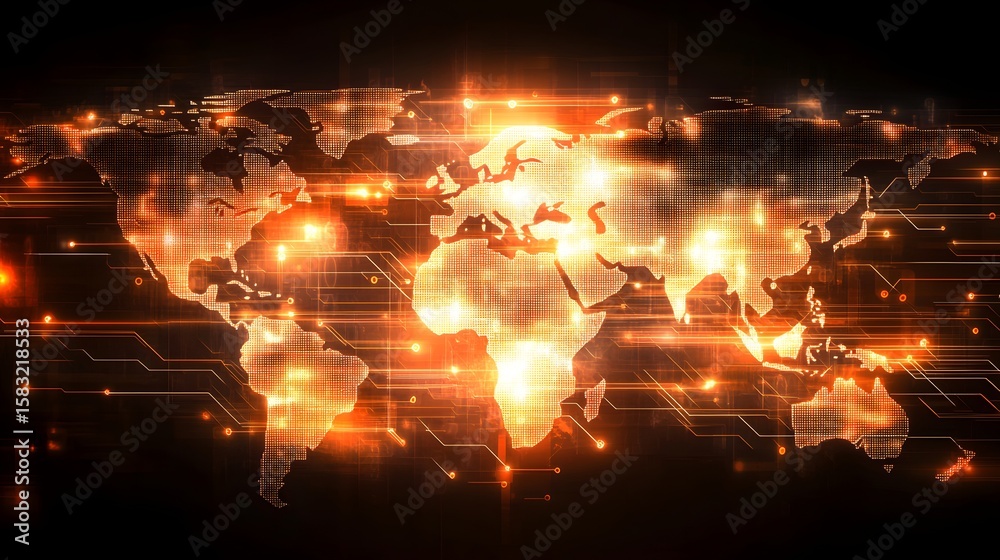 Poster global network map with glowing circuit lines.