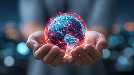 Hands holding a glowing digital globe with interconnected lines representing global network