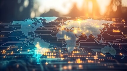 Global network map overlaid on a circuit board.