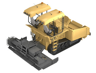 Professional asphalt paver finisher machine for road construction. Heavy-duty tracked equipment with operator cabin and screed system for pavement laying projects. 3d rendering