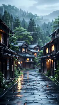 Manga Style Village Street Under Rainy Evening with Traditional Wooden Houses and Towering Mountains