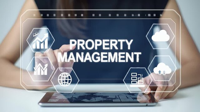Woman's Hands Interacting with a Digital Tablet Displaying Property Management Icons with White Table Background with Blue Shirt and Geometric Graphics