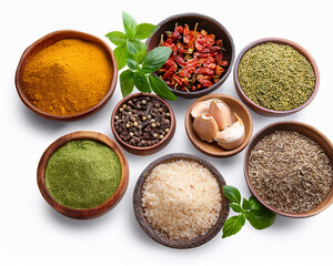 A vibrant set of aromatic dry spices and herbs, including red chili powder and cinnamon, beautifully arranged on white for cooking