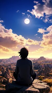 Meditative Anime Style Landscape of Person and Moonlit Cityscape at Sunset