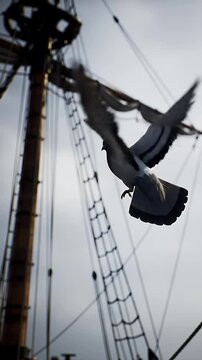 Pigeon Soaring Against Ship Mast and Rigging Under Cloudy Sky in Anime Style