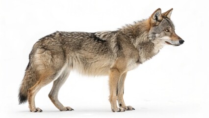 Gray wolf standing in snow against a white background
