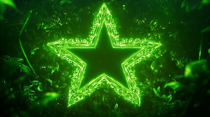 Fototapeta premium Glowing green star surrounded by swirling leaves