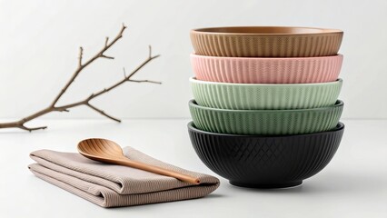 A stack of colorful ceramic bowls with a wooden spoon and napkin creates a rustic kitchen still life