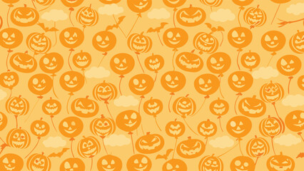 Seamless halloween pattern featuring pumpkin balloons, bats and clouds on an orange background color palette
