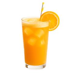 Fresh Orange Juice with Ice Cubes and Orange Slice in Glass on White Background