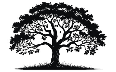 Black silhouette of a lush leafy tree with grass white nature