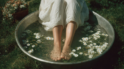 Close-up of a girl's leg in an aluminum basin with water with floating chamomile wildflowers. Girl in a linen white sundress, on green grass, relaxes bathing her legs, summer spa in nature