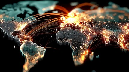 Global Connectivity Map, vibrant world map showcasing illuminated connections between major cities, emphasizing technological communication and global networks.