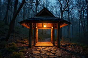 Old wooden gazebo at the edge of a forest trail at dusk. Generative AI