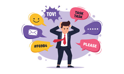 Stressed Businessman with Information Overload Vector Illustration: Communication Pressure, Task Management, Mental Burden, Overwhelmed Office Worker.