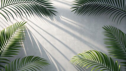 Tropical palm leaves cast intricate shadows on a textured wall, creating a serene botanical background