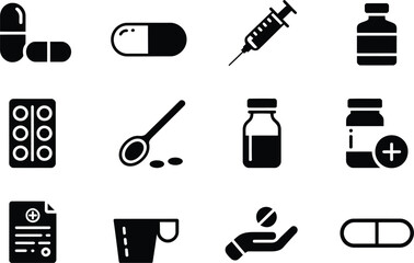 Black and white medicine icons pills capsules syringe spoon bottles