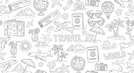 Doodle art showcases a pattern of travel themed icons in monochrome
