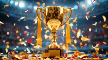 Gold winner trophy with falling confetti ribbons. First place trophy prize, champion award, best success achievement in sports competition. 4k video