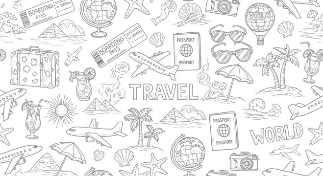 Doodle art showcases a pattern of travel themed icons in monochrome