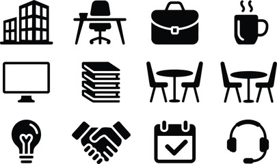 Black Office Icons Set Building Desk Briefcase Coffee Cup Computer Books Tables Handshake