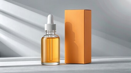 A clear serum bottle with a dropper stands next to a sleek orange box, bathed in soft, diffused light