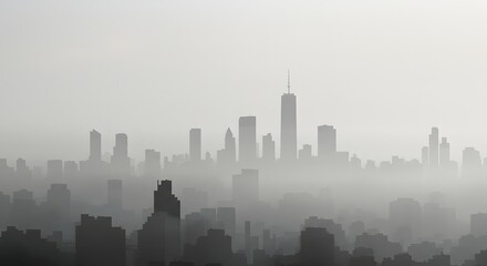 Naklejka premium A cityscape shrouded in fog, with skyscrapers silhouetted against the hazy sky. The tallest building dominates the skyline.