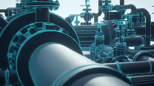 Animated Wireframe Blueprint of Industrial Piping System and Turbine
