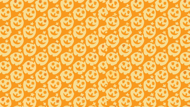 An orange background with a repeating pattern of pale yellow smiling pumpkin faces with small stars on top