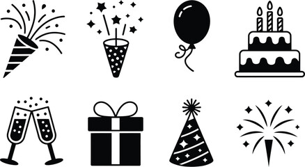 Naklejka premium Black and White Party Icons: Confetti, Fireworks, Cake, Balloon, Gift, Champagne, Hat
