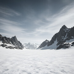 A vast and serene snowy mountain valley landscape under a dramatic cloudy sky, depicting a cold, remote, and rugged natural environment.
