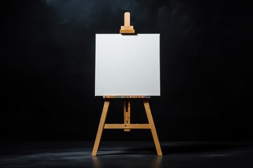 Blank canvas on wooden easel in a dimly lit studio ready for artistic creation