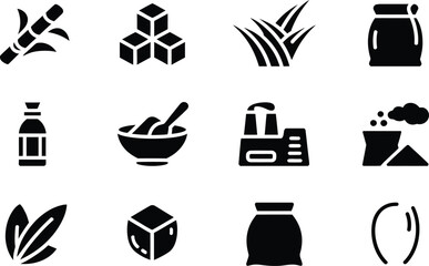 Sugar Production Process Icons in Black and White sugarcane