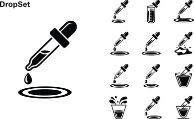 Black Dropper Icons with Liquid Drops and Glassware on White Background