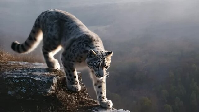 A snow leopard surveys its domain from a cliff s edge