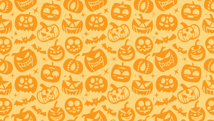 Seamless halloween pattern with orange pumpkins bats and stars on a light orange background design style