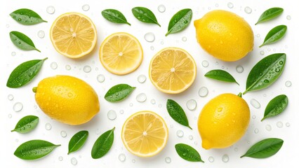 Overhead shot of fresh lemons, lemon slices, and green leaves arranged on a white background